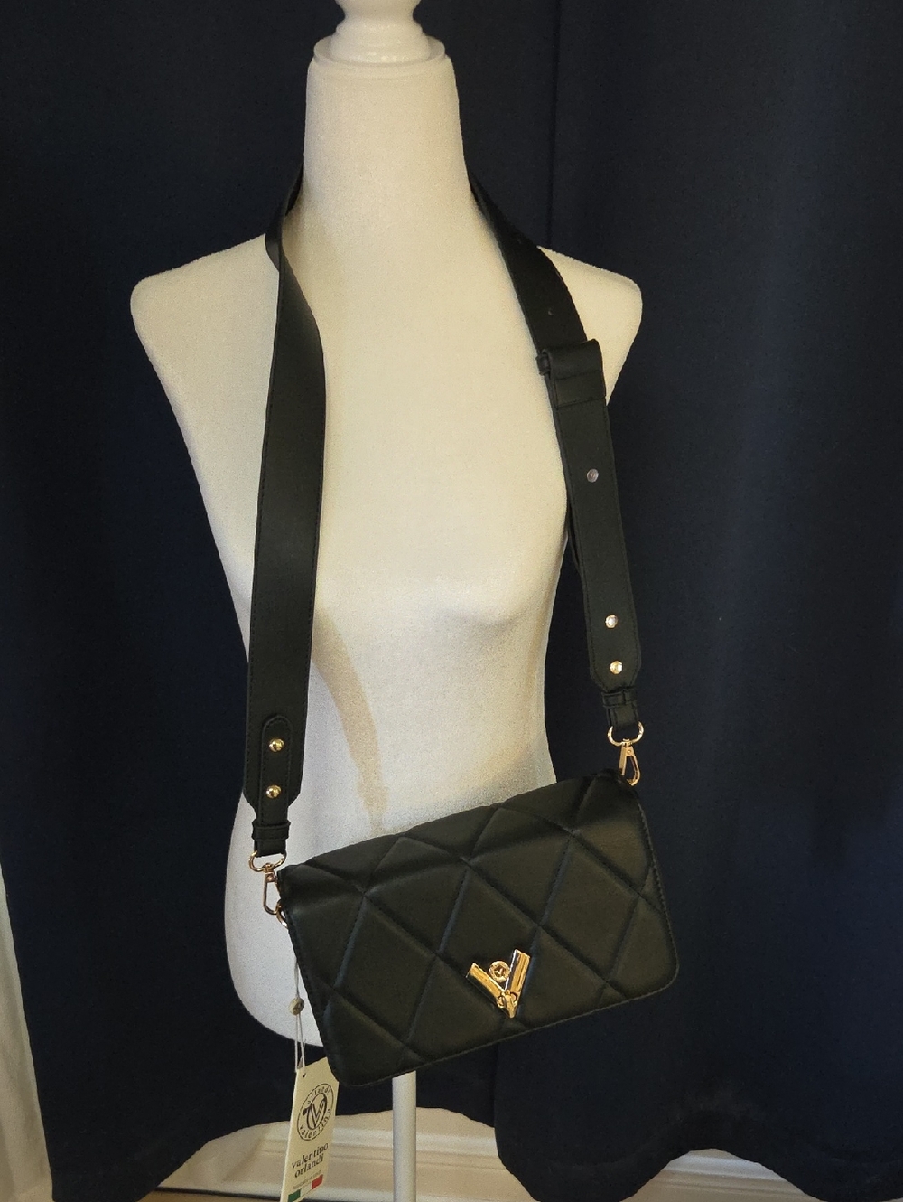 Valentino Orlandi Black Quilted Crossbody with Gold V Accent